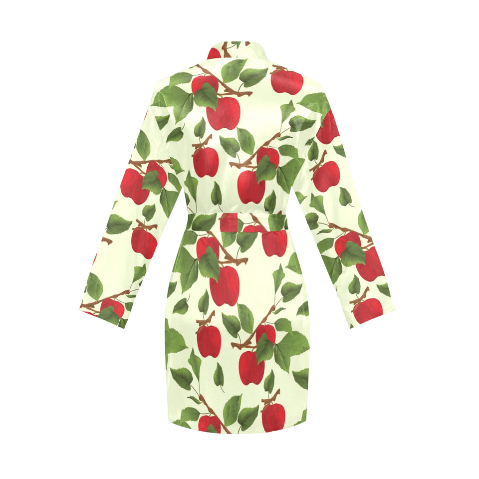 Red apples leaves pattern Women's Long Sleeve Belted Night Robe