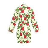 Red apples leaves pattern Women's Long Sleeve Belted Night Robe