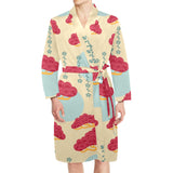 Red Bonsai gray sun japanese pattern Men's Long Sleeve Belted Night Robe