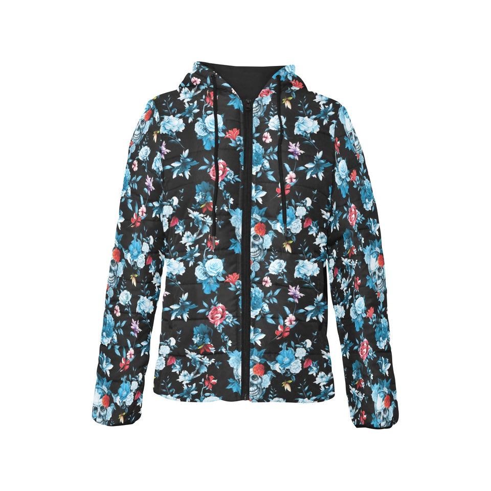 Skull flower roses leave pattern Women's Padded Hooded Jacket