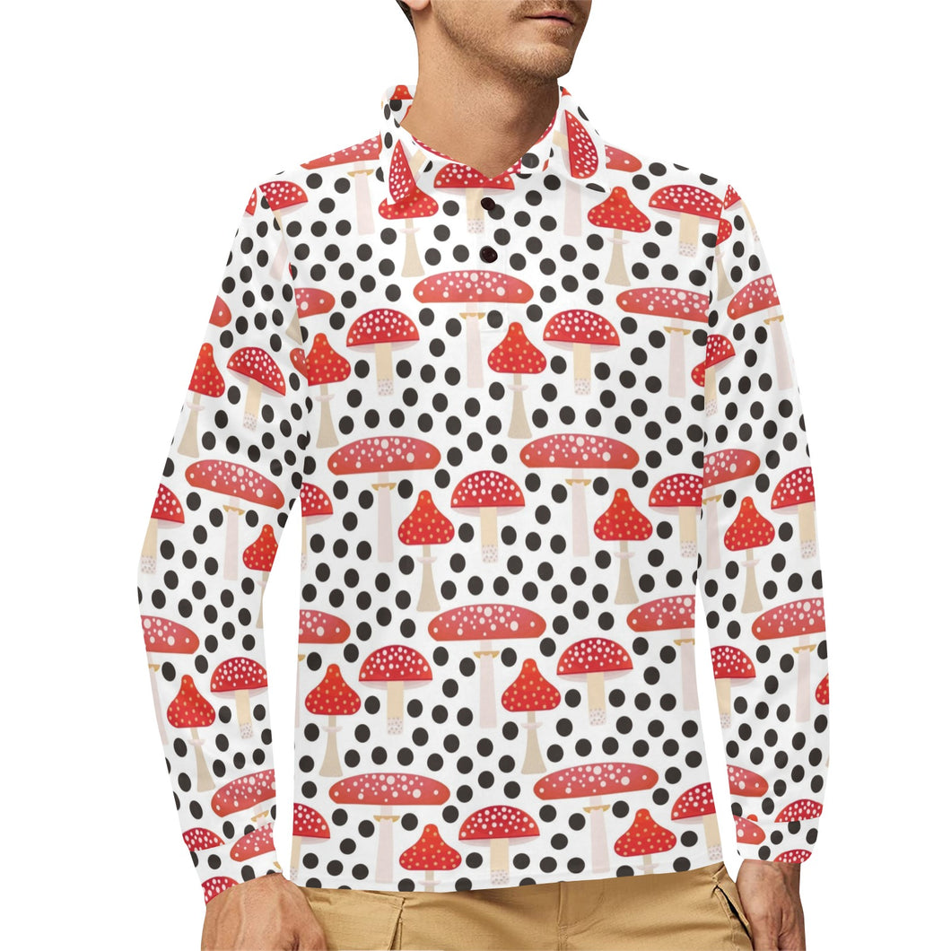 Red mushroom dot pattern Men's Long Sleeve Polo Shirt