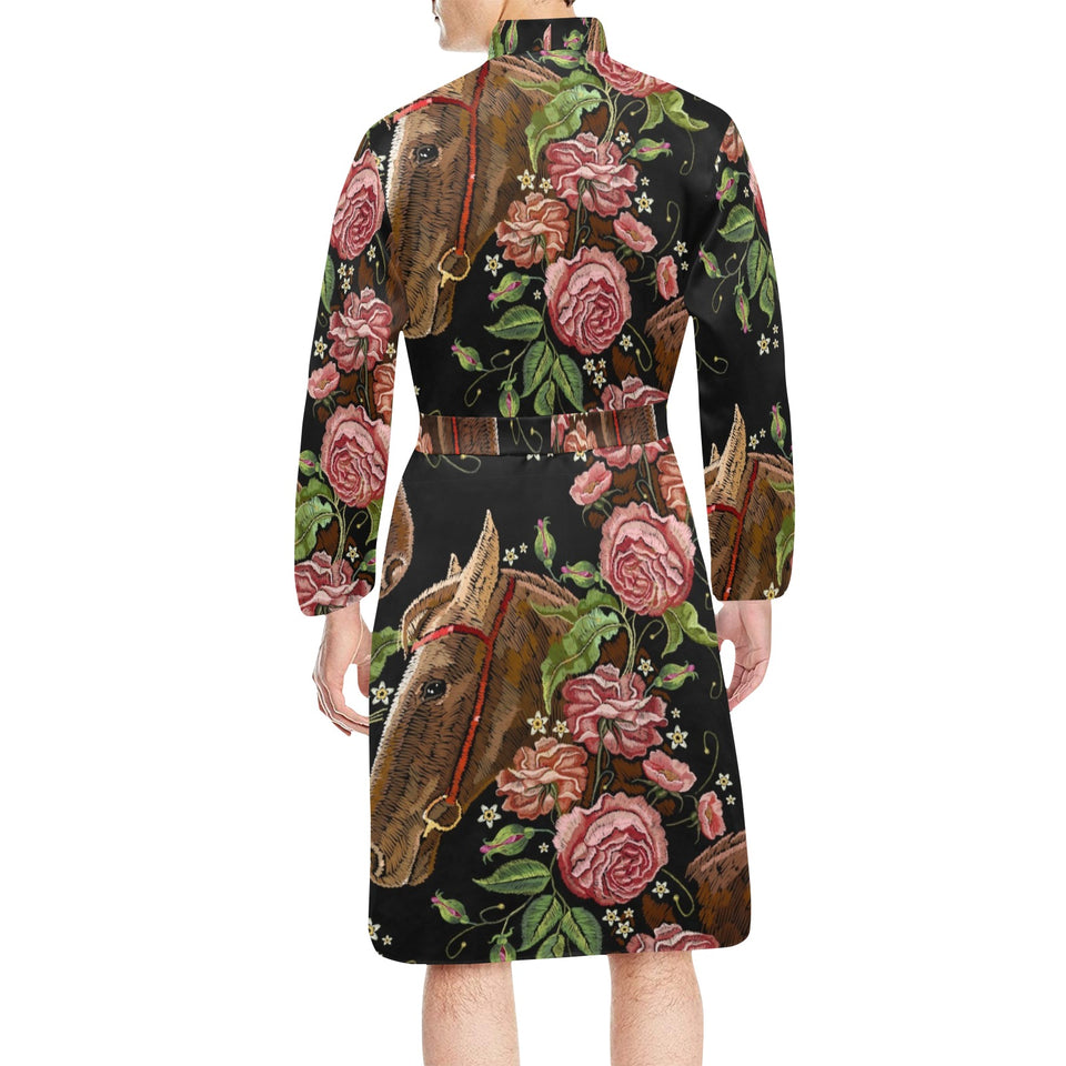 Horse head wild roses pattern Men's Long Sleeve Belted Night Robe