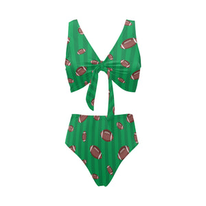 American football ball field background Chest Bowknot High Waisted Bikini Swimsuit