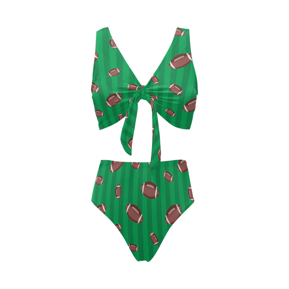 American football ball field background Chest Bowknot High Waisted Bikini Swimsuit