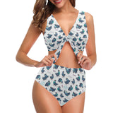 Pigeon Pattern Print Design 02 Chest Bowknot High Waisted Bikini Swimsuit