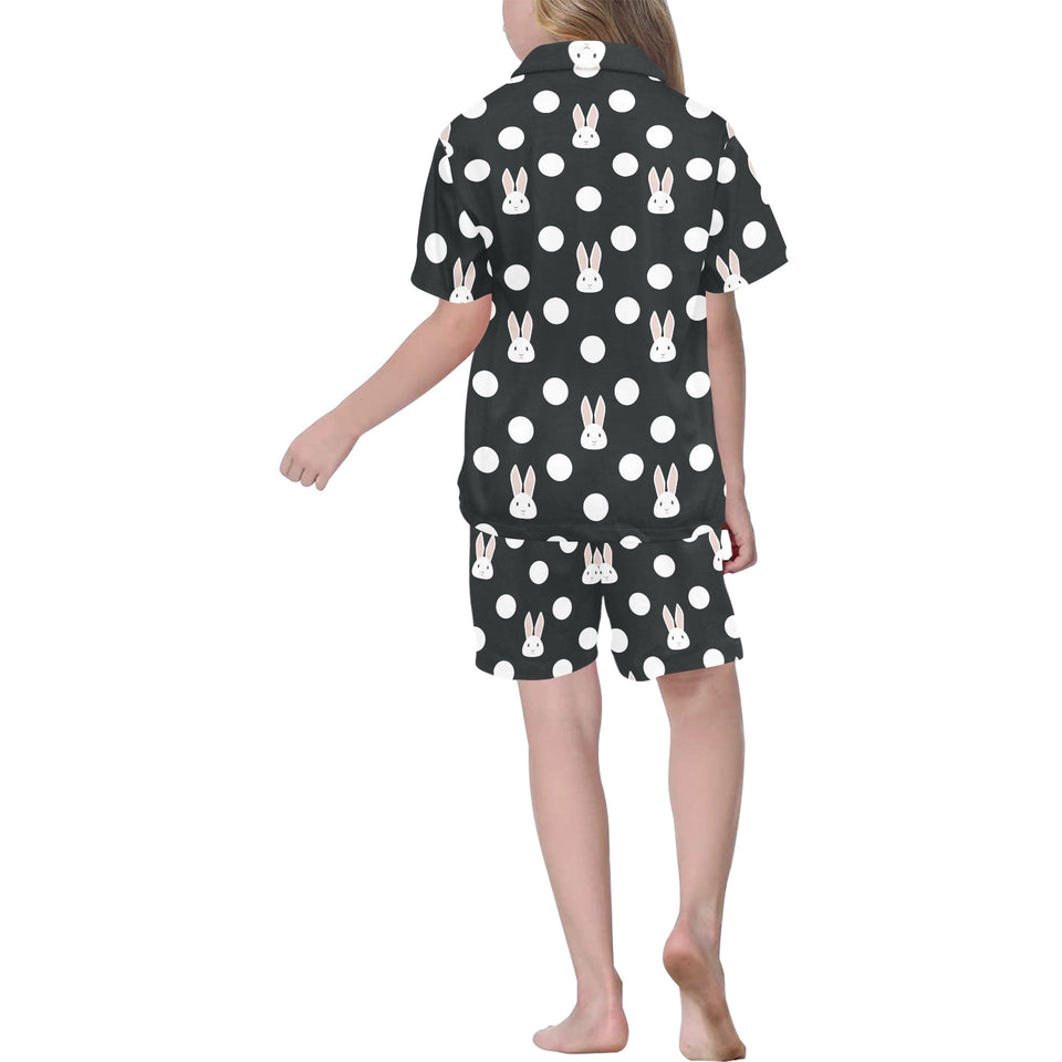 Cute white rabbit polka dots black background Kids' Boys' Girls' V-Neck Short Pajama Set