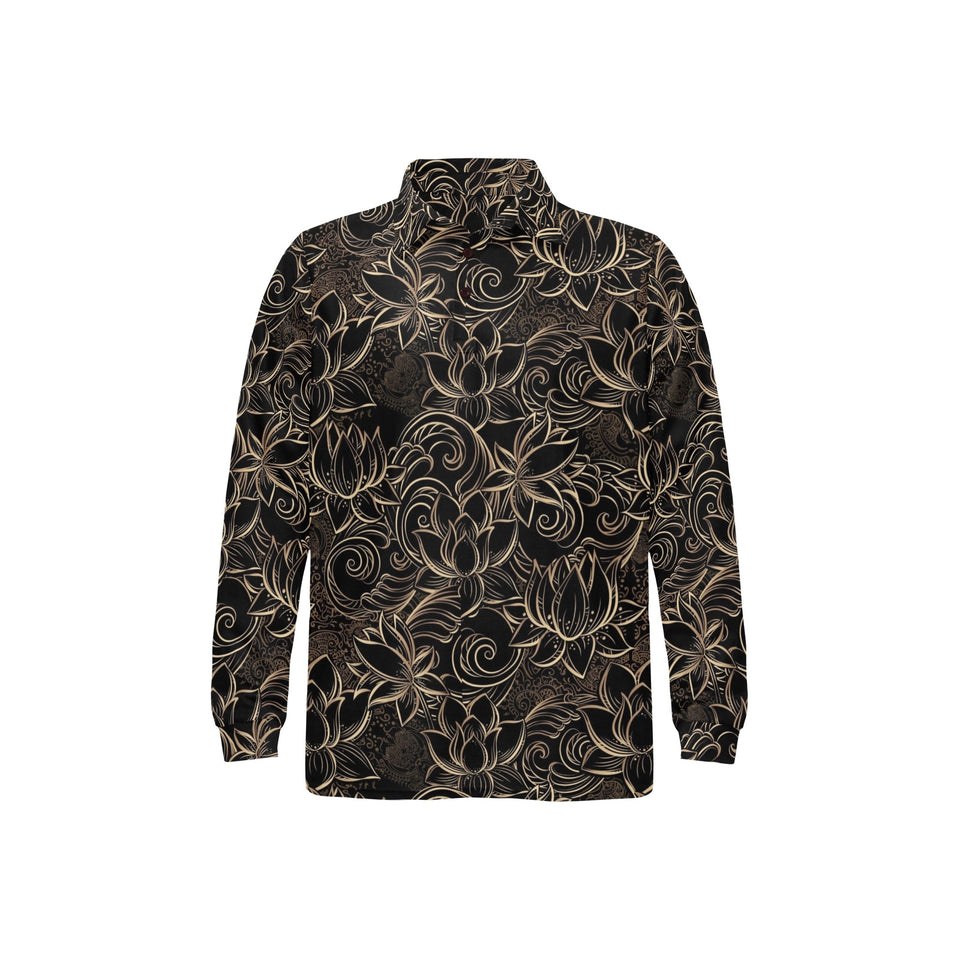 luxurious gold lotus waterlily black background Men's Long Sleeve Polo Shirt