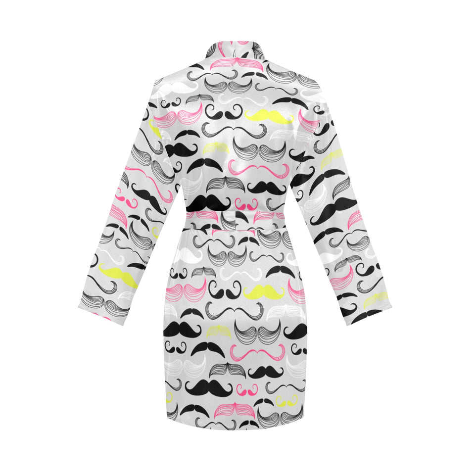 Mustache Beard Pattern Print Design 02 Women's Long Sleeve Belted Night Robe