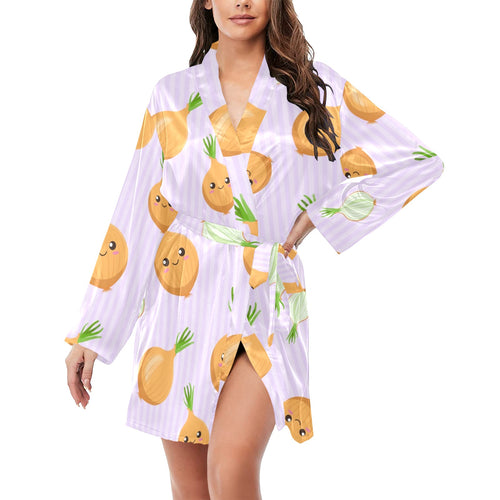 cute onions smiling faces purple background Women's Long Sleeve Belted Night Robe