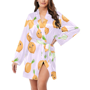 cute onions smiling faces purple background Women's Long Sleeve Belted Night Robe