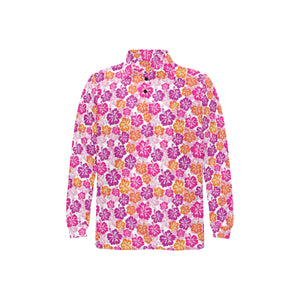 Hibiscus Pattern Print Design 01 Men's Long Sleeve Polo Shirt