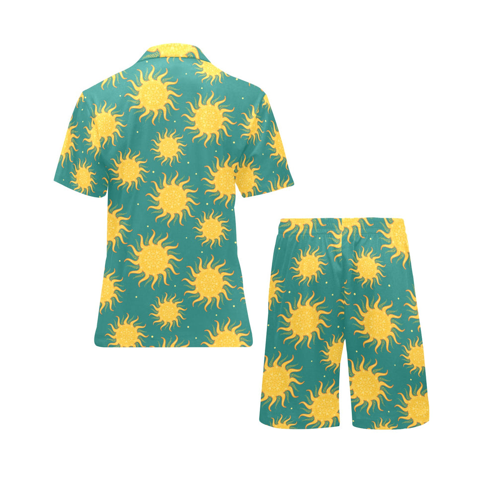 Sun green background Men's V-Neck Short Pajama Set