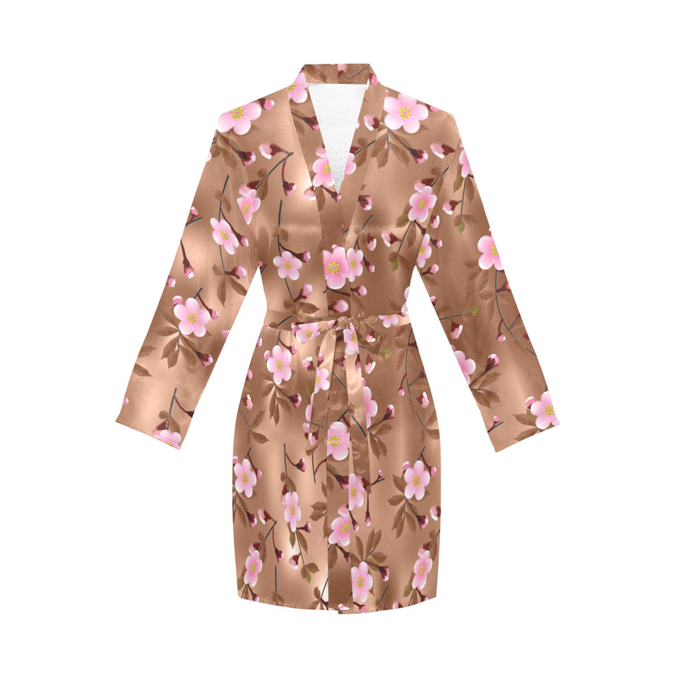 Pink sakura cherry blossom drak brown background Women's Long Sleeve Belted Night Robe