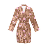 Pink sakura cherry blossom drak brown background Women's Long Sleeve Belted Night Robe