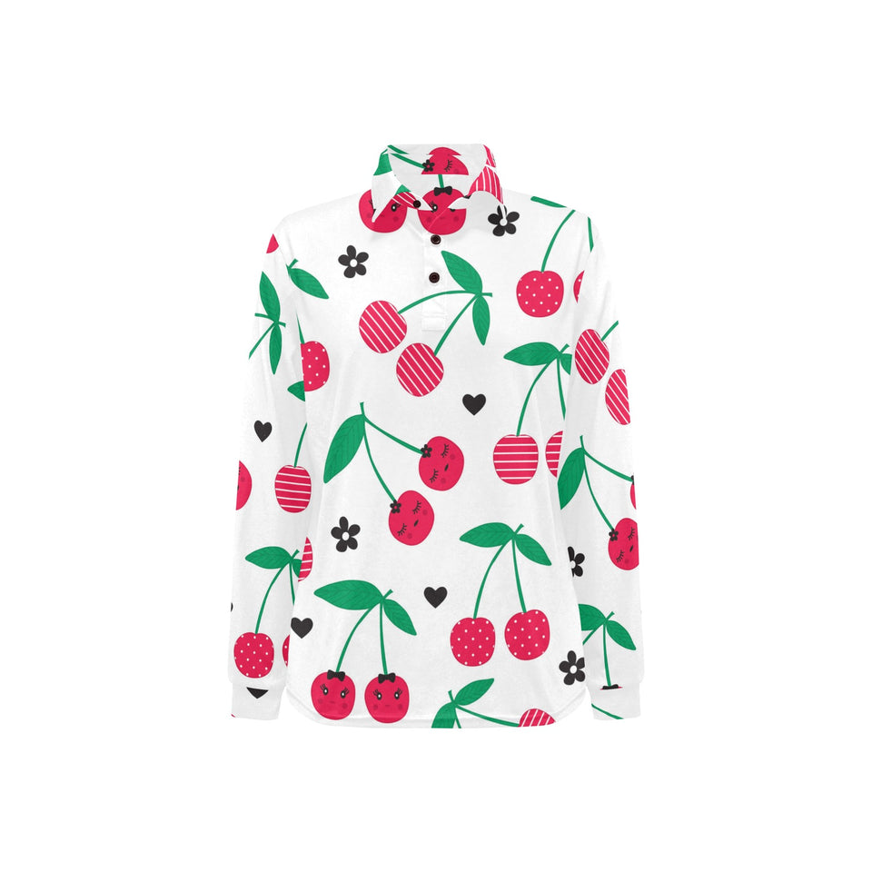 cherry pattern white background Women's Long Sleeve Polo Shirt