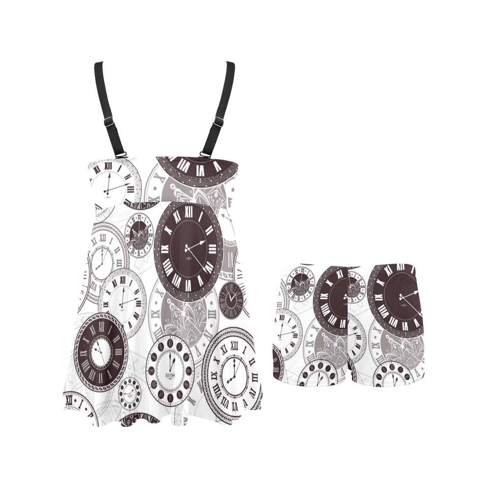 Classic vintage clock pattern Chest Sexy Pleated Two Piece Swim Dress