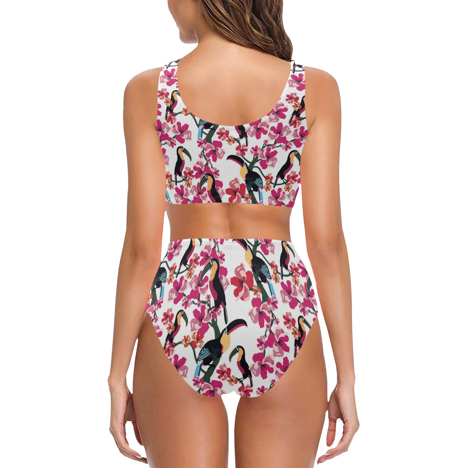 Toucan flower design pattern Chest Bowknot High Waisted Bikini Swimsuit
