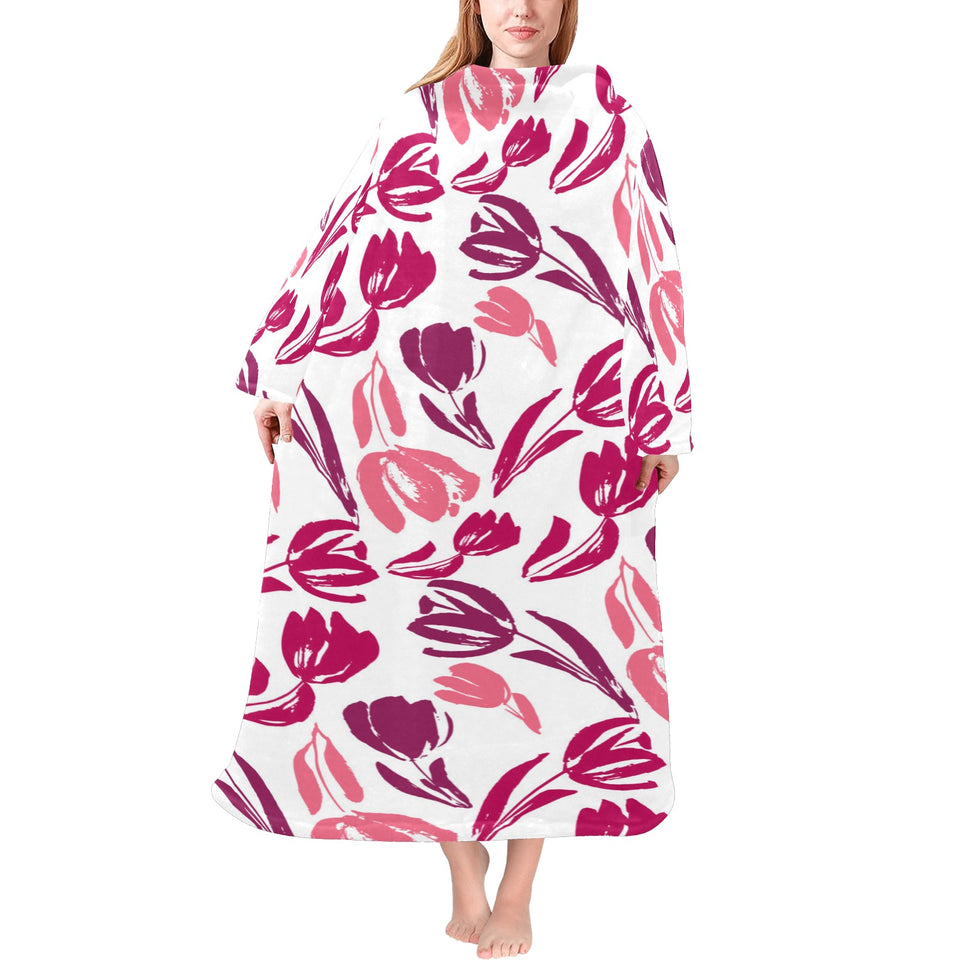 pink sketch tulip pattern Blanket Robe with Sleeves