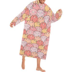 Pig Pattern Print Design 04 Blanket Robe with Sleeves