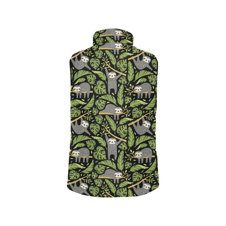 Cute sloths tropical palm leaves black background Women's Padded Vest