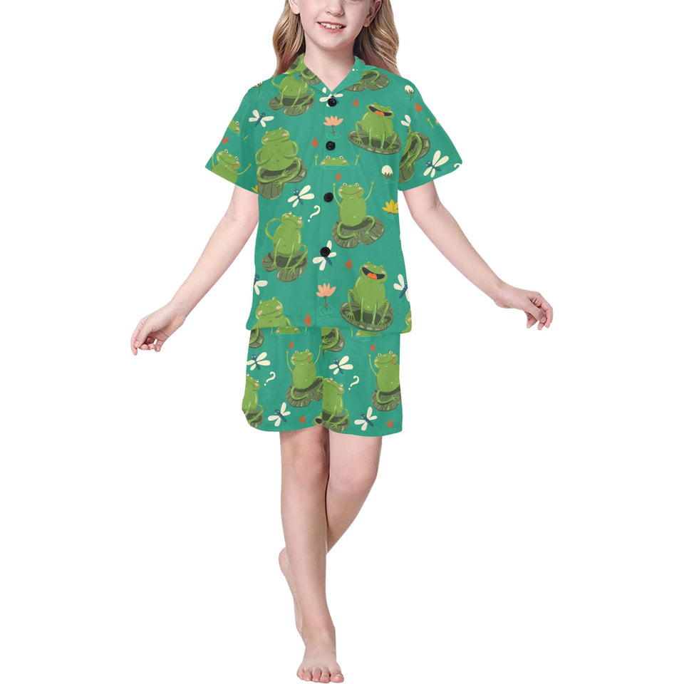 Cute frog dragonfly design pattern Kids' Boys' Girls' V-Neck Short Pajama Set