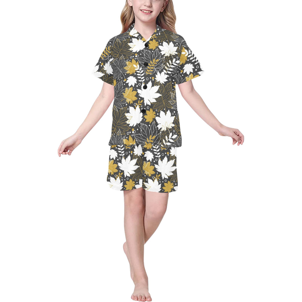 Beautiful gold autumn maple leaf pattern Kids' Boys' Girls' V-Neck Short Pajama Set