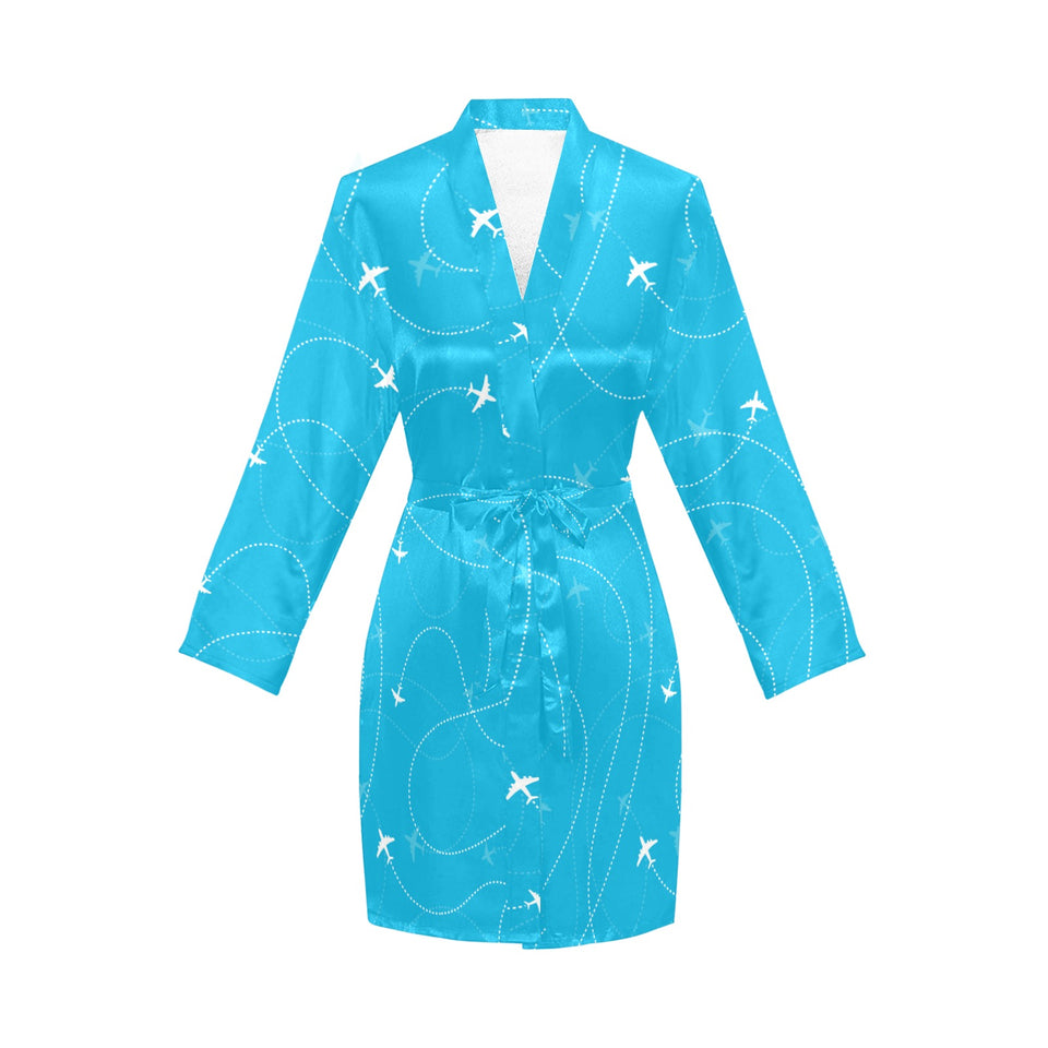 Airplane destinations blue background Women's Long Sleeve Belted Night Robe