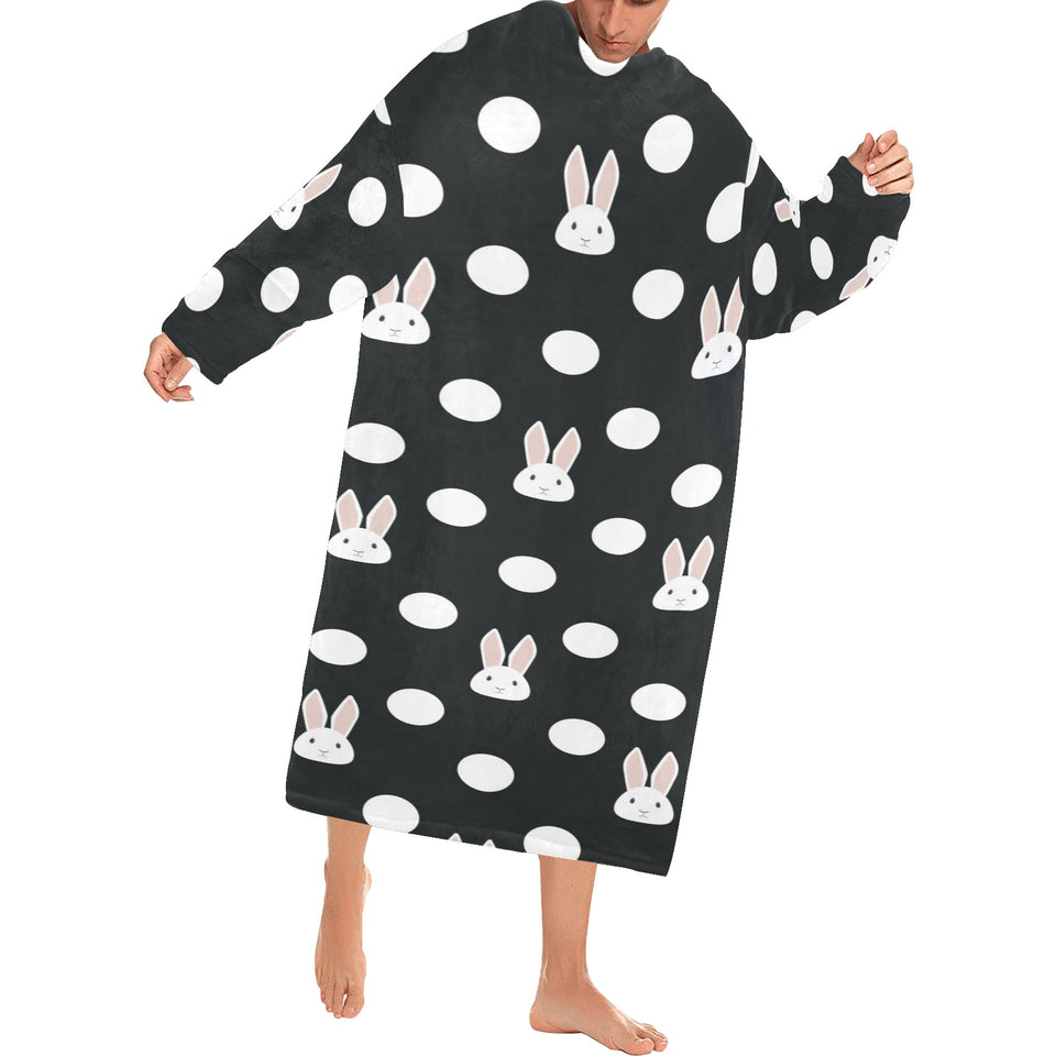 Cute white rabbit polka dots black background Blanket Robe with Sleeves