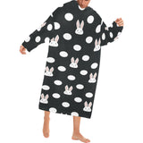 Cute white rabbit polka dots black background Blanket Robe with Sleeves