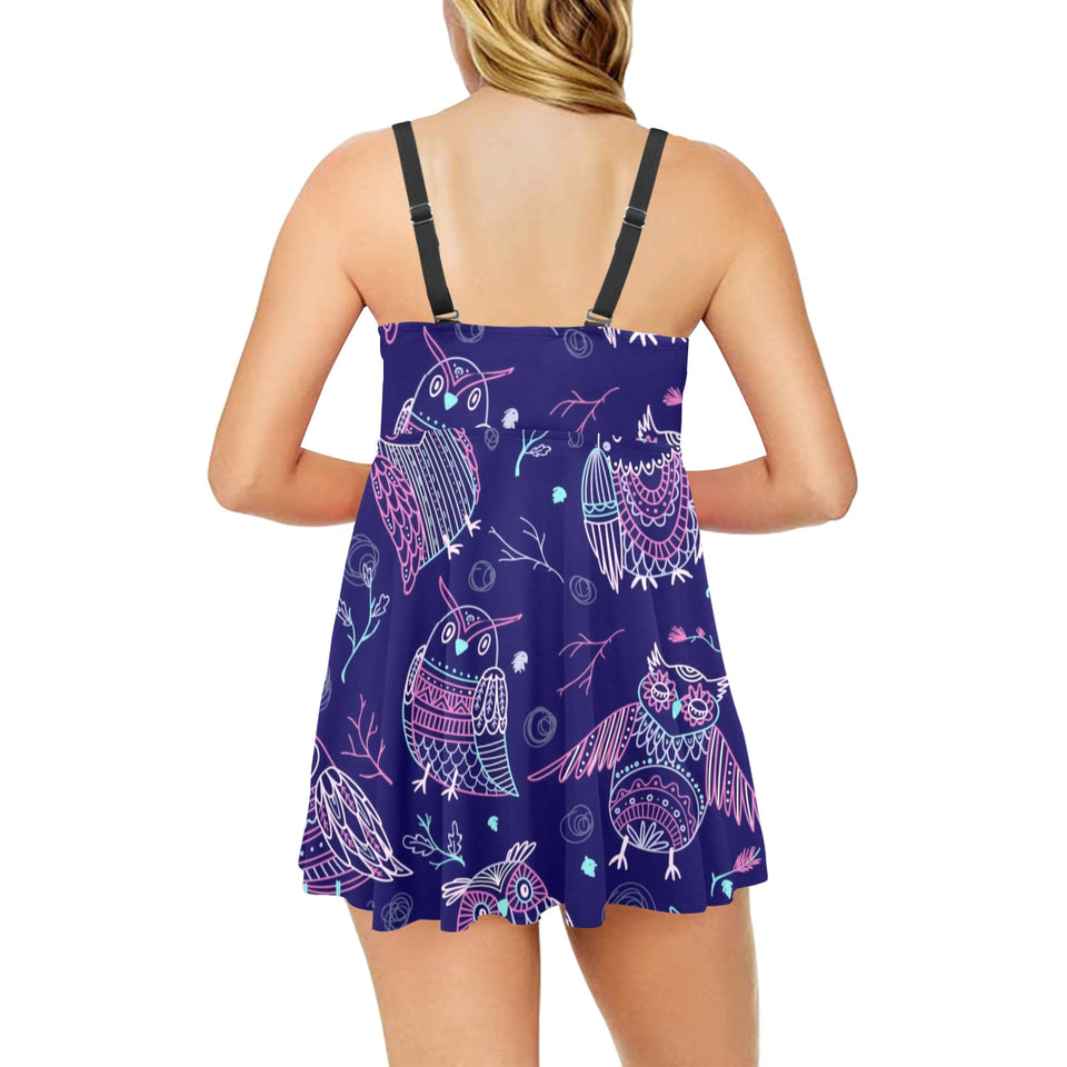 Cute owls pattern boho style ornament Chest Sexy Pleated Two Piece Swim Dress