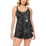 Spider web design pattern Black background white c Chest Sexy Pleated Two Piece Swim Dress