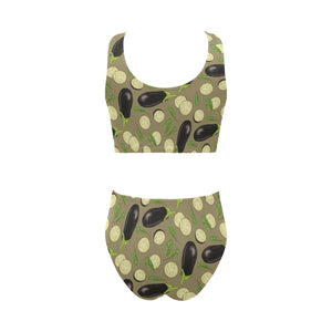 Eggplant Pattern Print Design 02 Chest Bowknot High Waisted Bikini Swimsuit