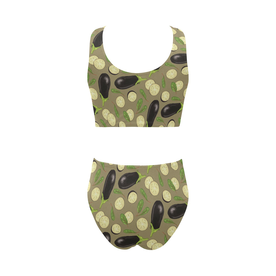 Eggplant Pattern Print Design 02 Chest Bowknot High Waisted Bikini Swimsuit