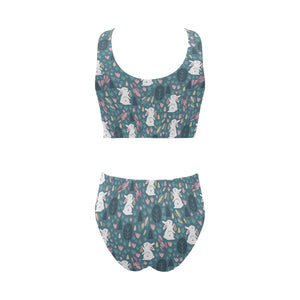 Cute rabbit pattern Chest Bowknot High Waisted Bikini Swimsuit