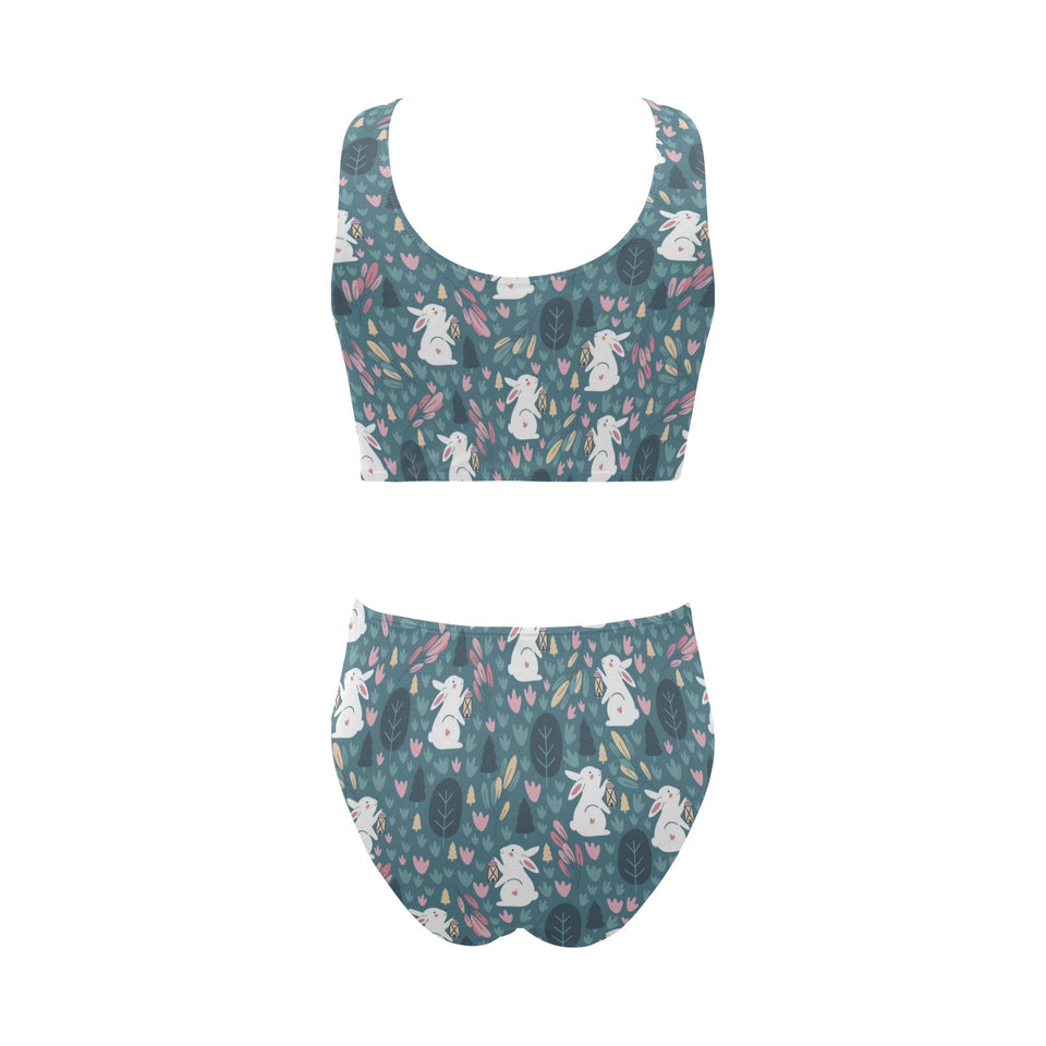 Cute rabbit pattern Chest Bowknot High Waisted Bikini Swimsuit