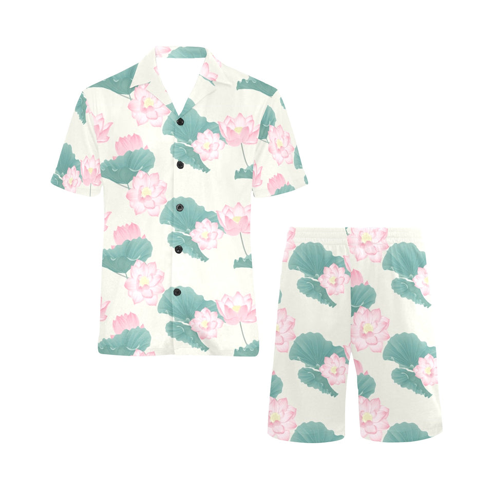 Pink lotus waterlily leaves pattern Men's V-Neck Short Pajama Set