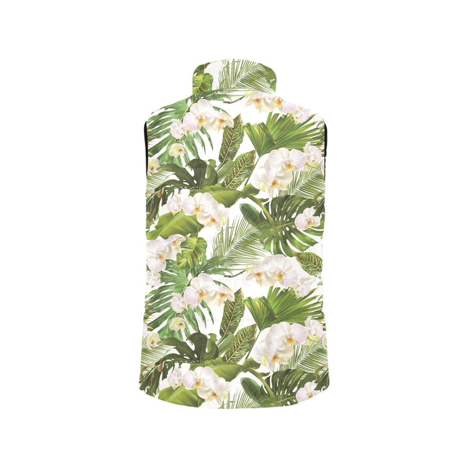 White orchid flower tropical leaves pattern Men's Padded Vest