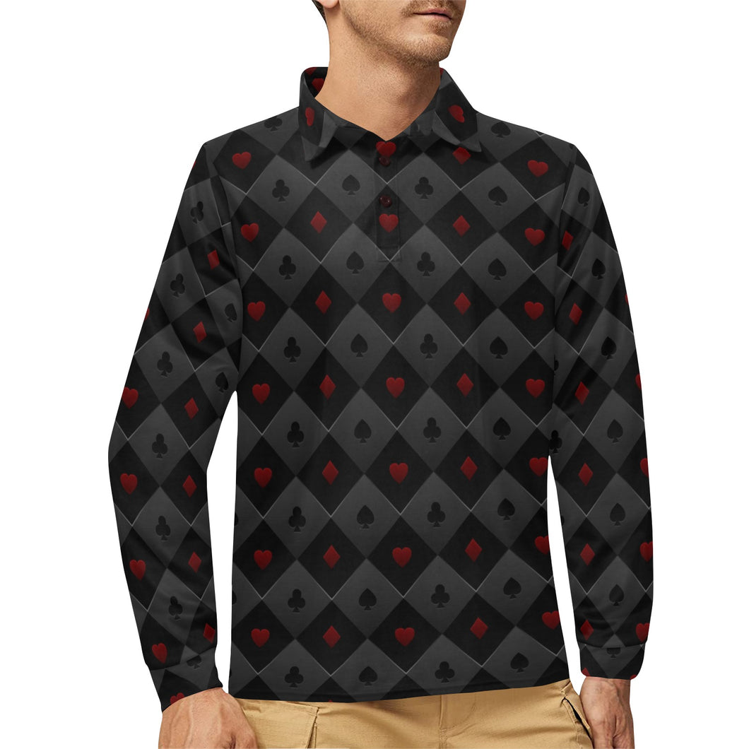 Casino Cards Suits Pattern Print Design 05 Men's Long Sleeve Polo Shirt