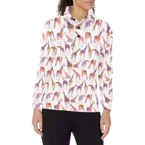 Giraffe Pattern Print Design 02 Women's Long Sleeve Polo Shirt