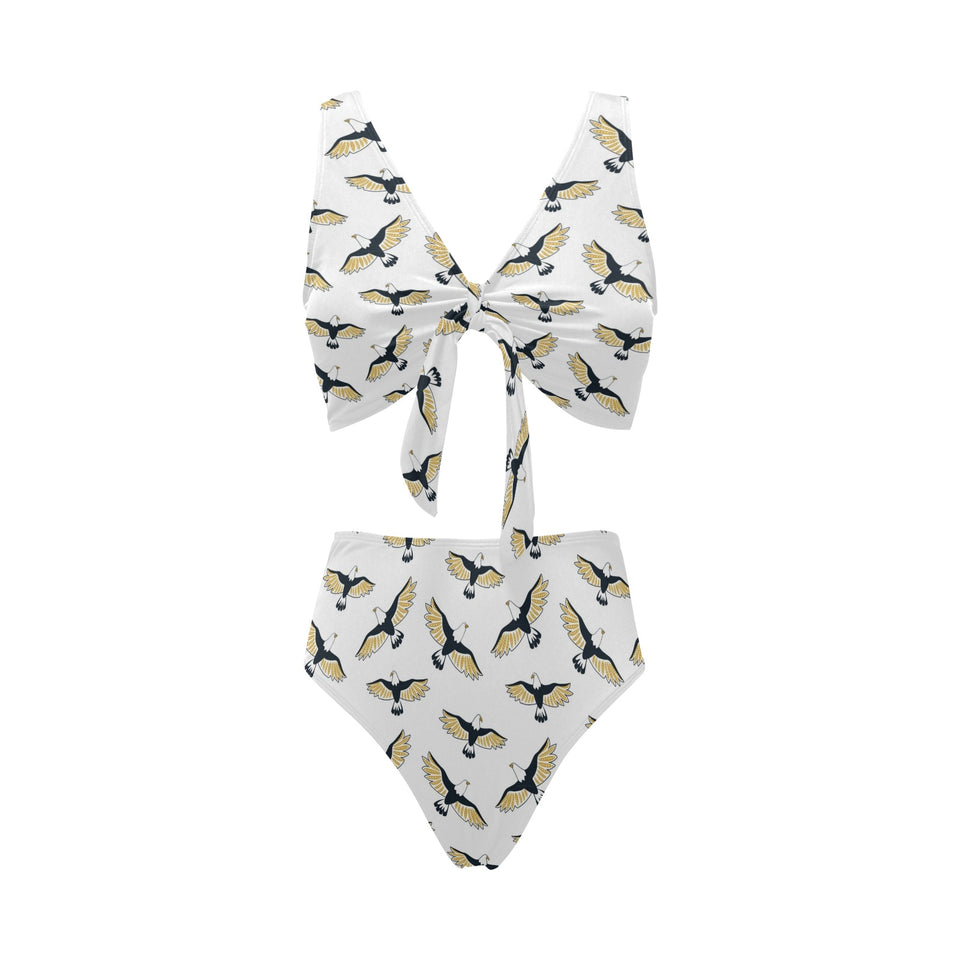 Eagle Pattern Print Design 03 Chest Bowknot High Waisted Bikini Swimsuit