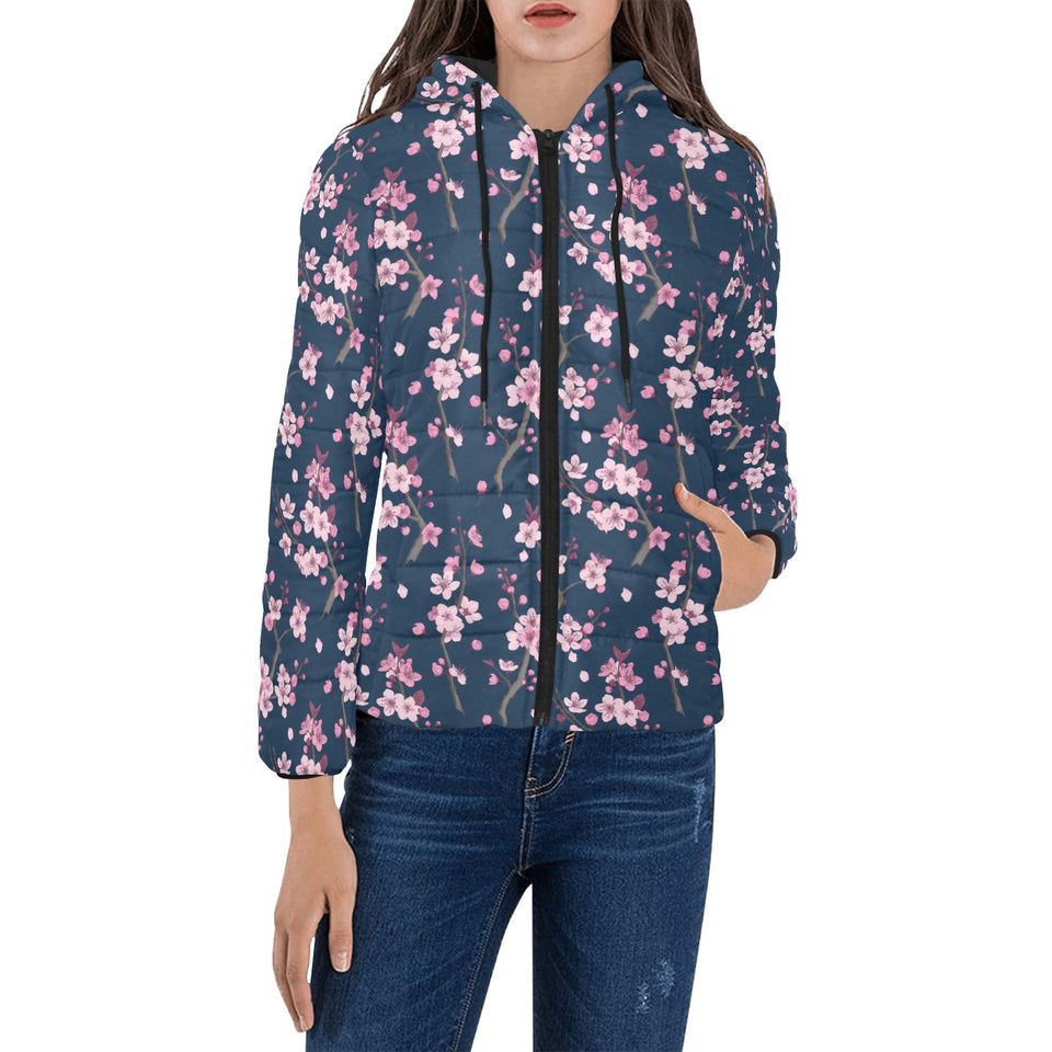 Pink sakura cherry blossom blue background Women's Padded Hooded Jacket