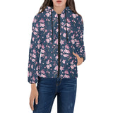 Pink sakura cherry blossom blue background Women's Padded Hooded Jacket