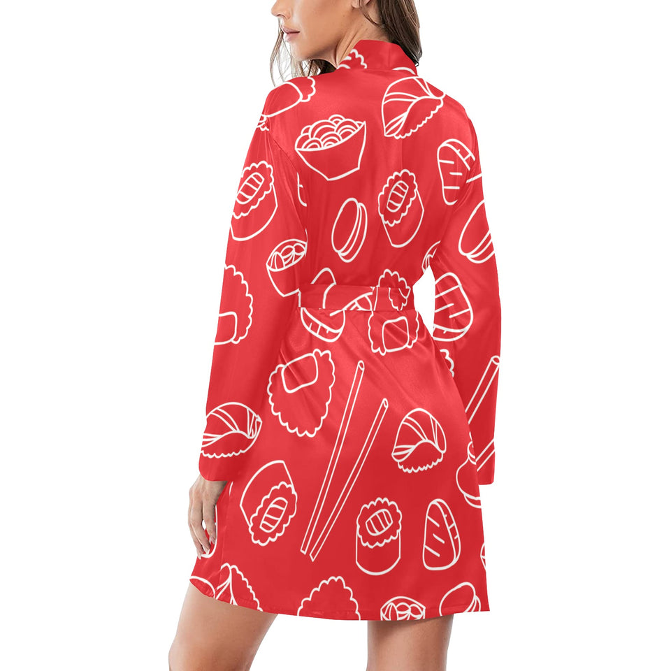 sushi pattern red background Women's Long Sleeve Belted Night Robe