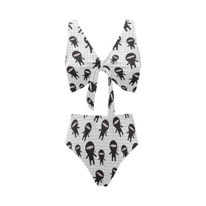 Ninja pattern plaid background Chest Bowknot High Waisted Bikini Swimsuit