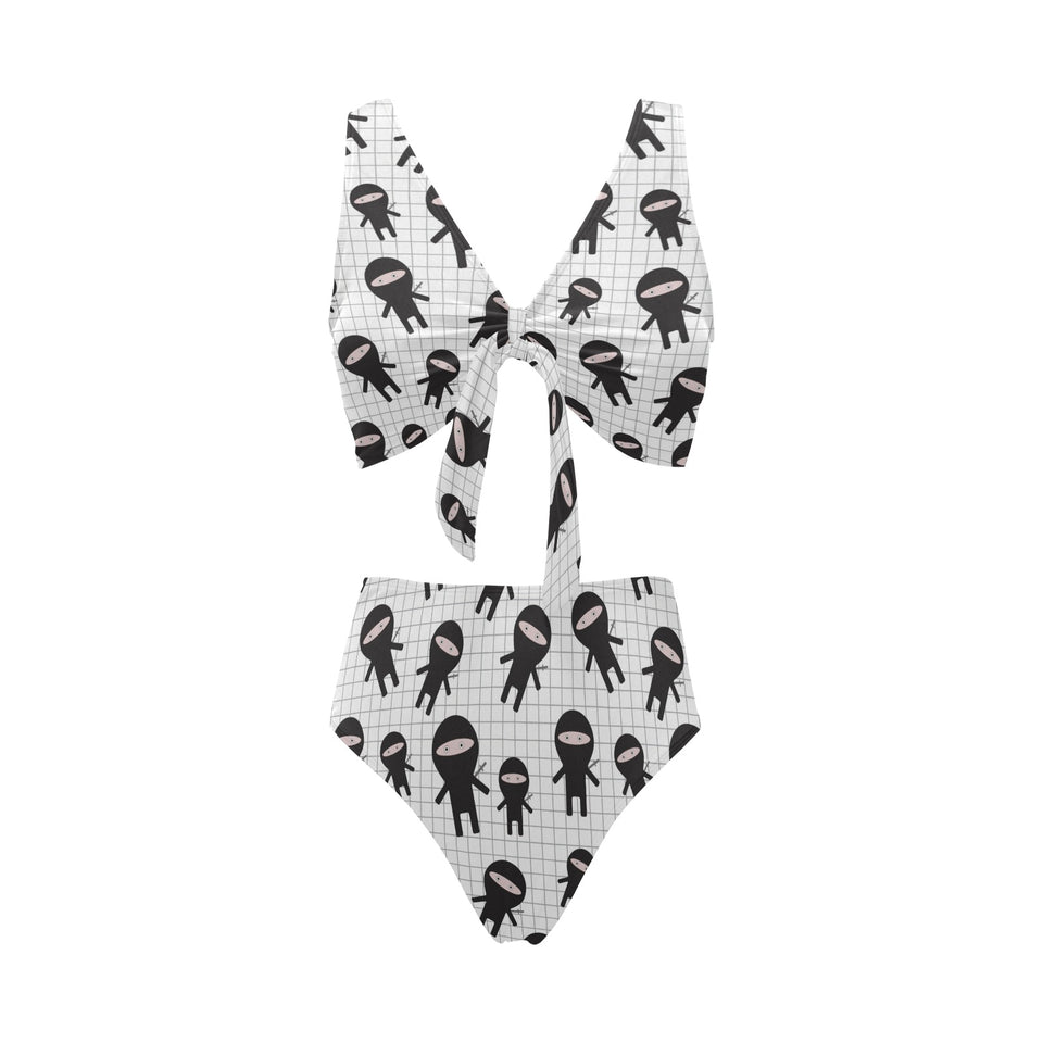Ninja pattern plaid background Chest Bowknot High Waisted Bikini Swimsuit