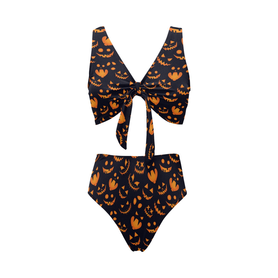 Halloween pattern Pumpkin background Chest Bowknot High Waisted Bikini Swimsuit