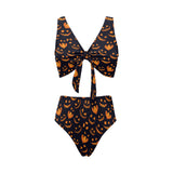 Halloween pattern Pumpkin background Chest Bowknot High Waisted Bikini Swimsuit