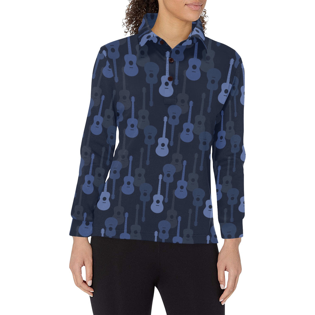 Blue Theme guitar pattern Women's Long Sleeve Polo Shirt