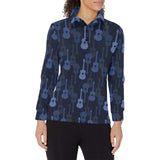 Blue Theme guitar pattern Women's Long Sleeve Polo Shirt