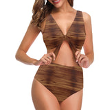 Wood Printed Pattern Print Design 04 Chest Bowknot High Waisted Bikini Swimsuit